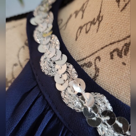 IEFIEL Navy Blue Dress, Embelished Neck, Sleeveless, Mesh Top, Maxi, Size S - Picture 5 of 10